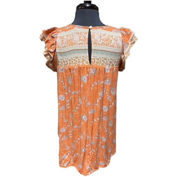 Entro Cara Babydoll Dress Size M Orange Floral Ruffle Sleeve Boho Summer Dress - Picture 2 of 7